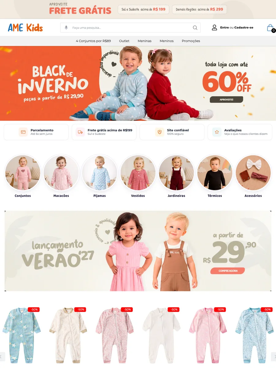Loja AME Kids aberta no navegador, com a campanha de inverno na primeira dobra
