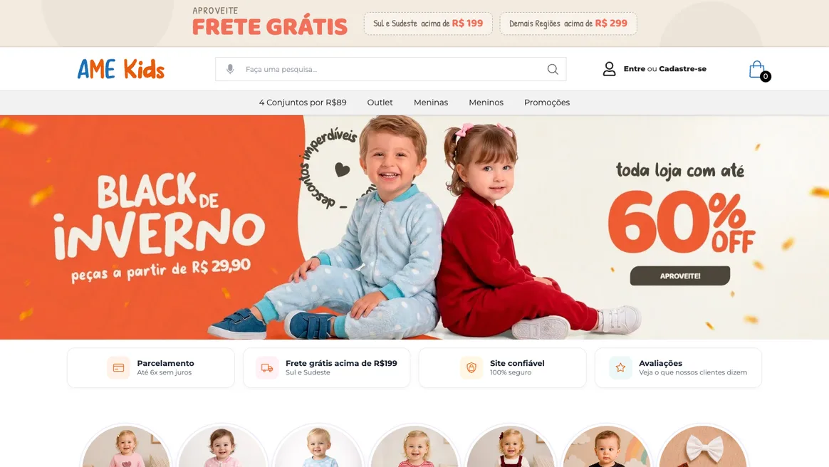 Página inicial da loja Ame Kids, com busca, menu de categorias, campanha de inverno e selos de frete e parcelamento