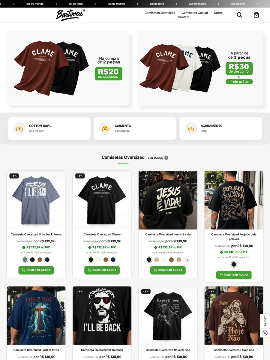 Loja Bartimeu aberta no navegador, com a vitrine de camisetas na primeira dobra