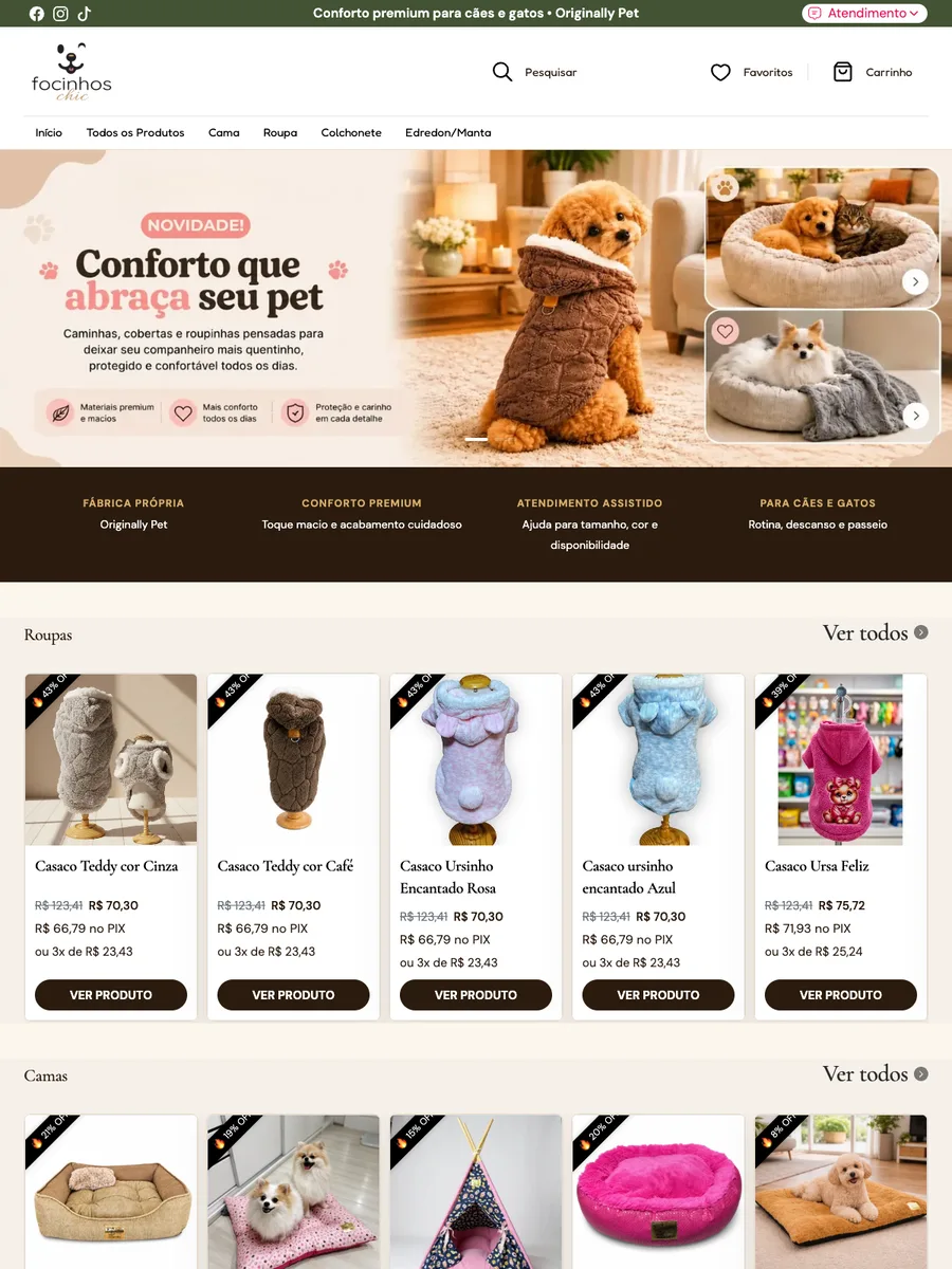Loja Focinhos Chic aberta no navegador, com a linha de conforto para pets na primeira dobra