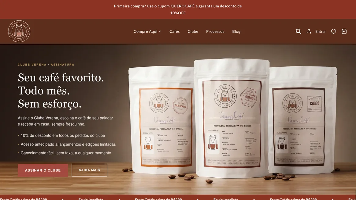Página inicial da Verena Café, com menu de navegação e campanha do clube de assinatura ao lado dos pacotes de café