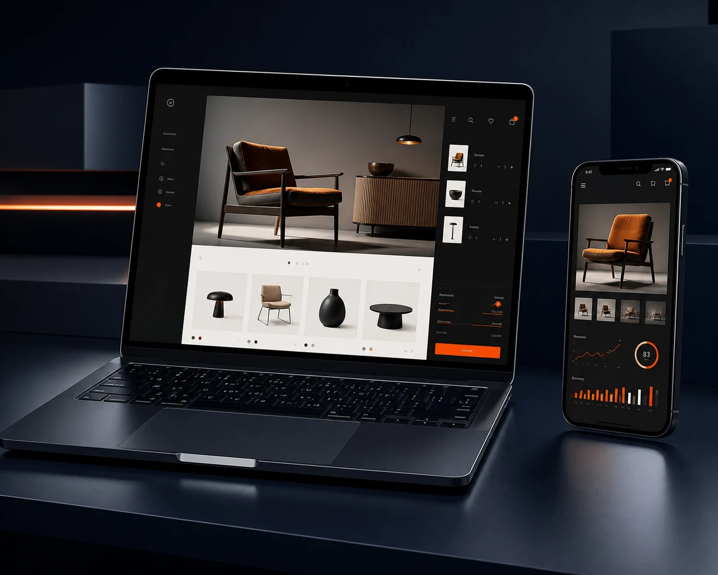 Notebook e celular exibindo uma loja virtual premium com indicadores de desempenho