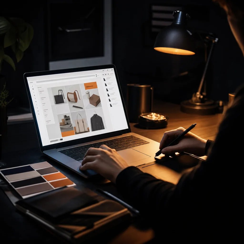 Mesa de designer com layout de e-commerce sendo desenhado na tela