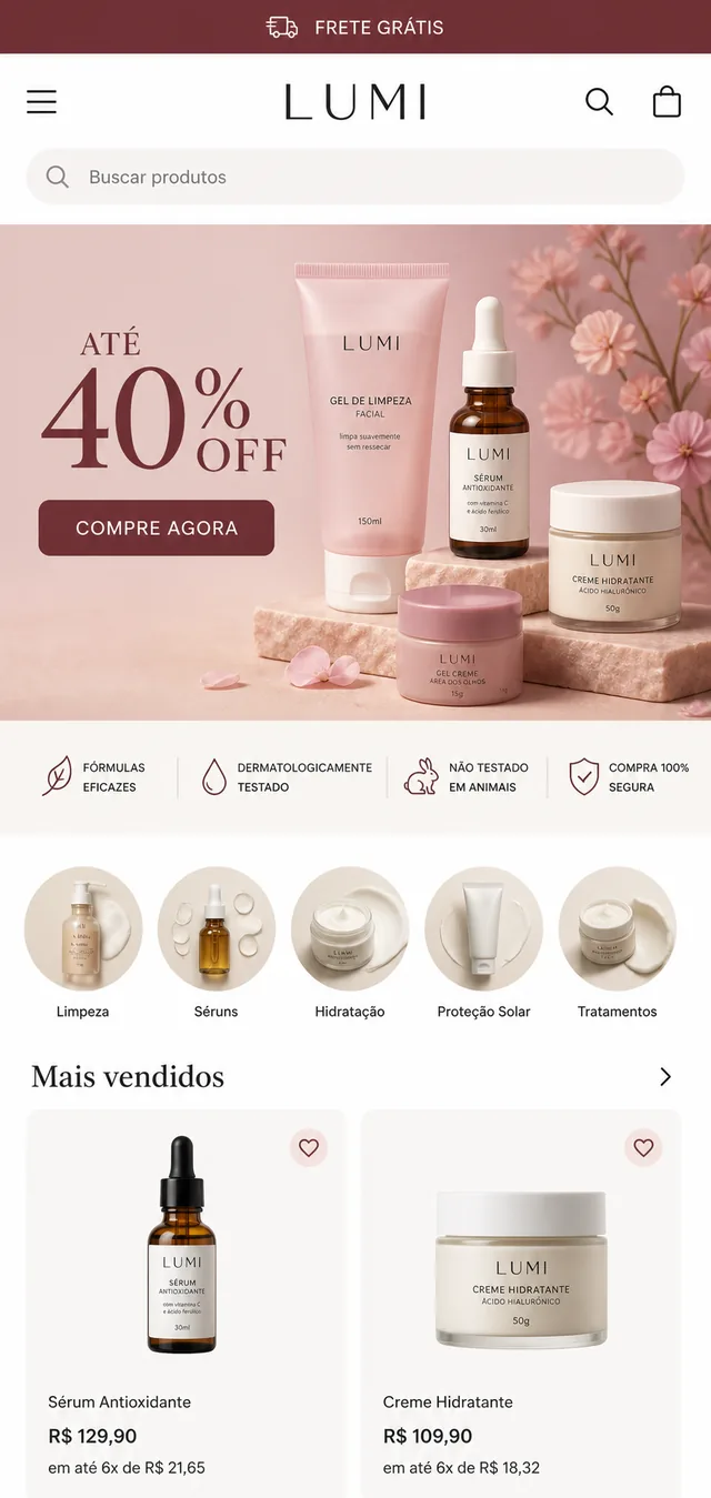 Loja Lumi desenvolvida pela W3bsite, aberta no celular
