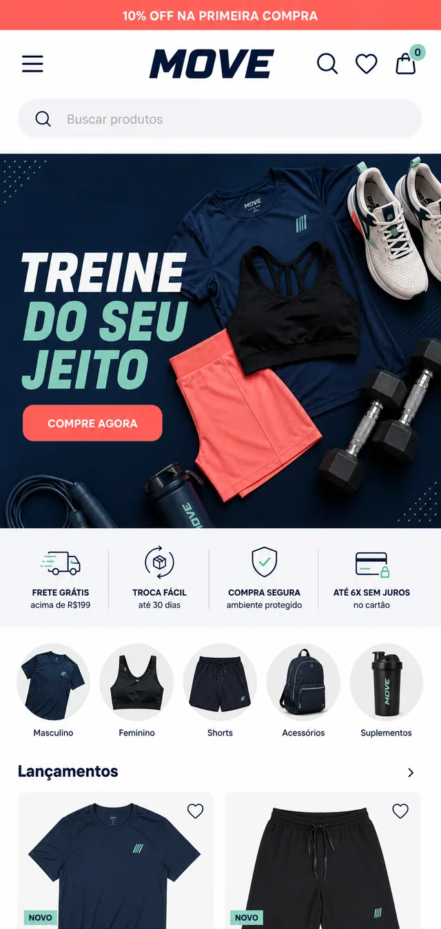 Loja MOVE desenvolvida pela W3bsite, aberta no celular