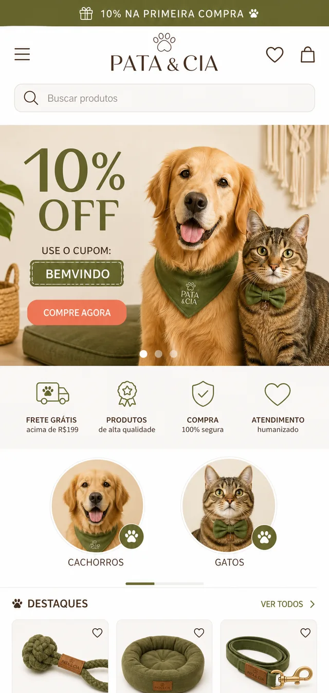 Loja de produtos pet desenvolvida pela W3bsite, aberta no celular