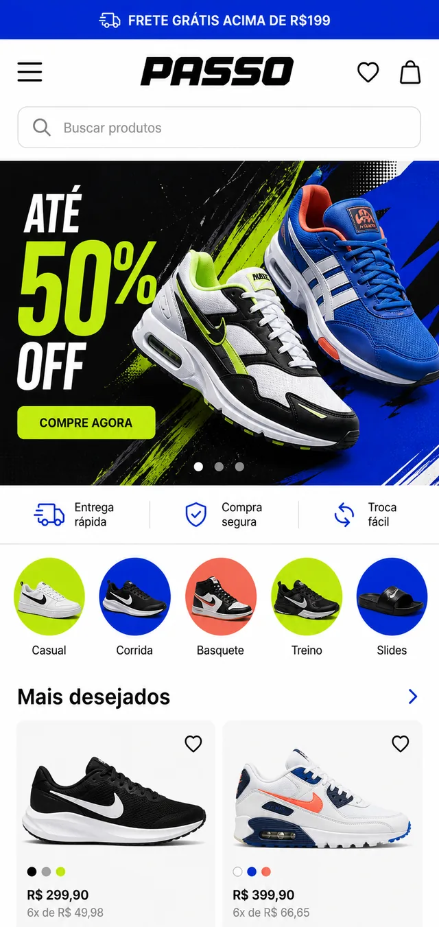 Loja Passo desenvolvida pela W3bsite, aberta no celular